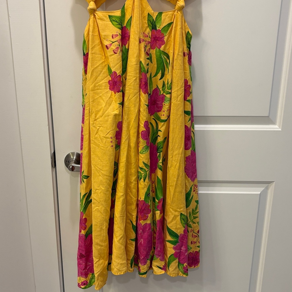 Farm Rio Romantic Garden Yellow Pink Plunge Midi Dress Size M - Picture 10 of 16